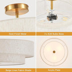 Modern Semi Flush Mount Ceiling Light 18" Modern Gold 3-Lights Drum Ceiling Lighting Fixture Vintage Linen Golden Ceiling Lamp for Laundry Room, Kitchen, Basement, Dining Room, Bedroom