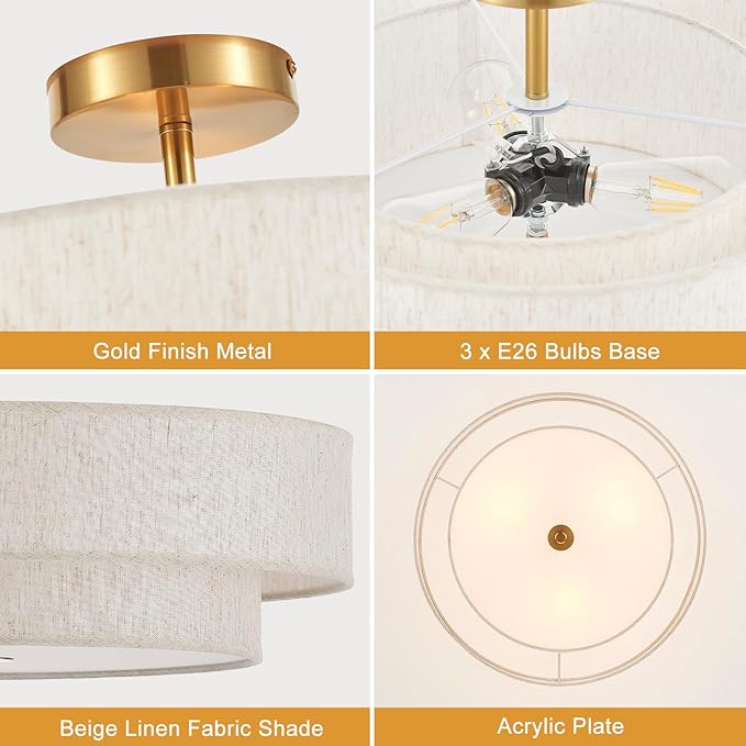 Modern Semi Flush Mount Ceiling Light 18" Modern Gold 3-Lights Drum Ceiling Lighting Fixture Vintage Linen Golden Ceiling Lamp for Laundry Room, Kitchen, Basement, Dining Room, Bedroom