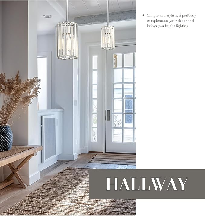 Polished Chrome Crystal Pendant Light, Modern Hanging Light Fixture, Mini Chandelier for Kitchen Dinning Room Bedroom, CKPL5510-1P-PC
