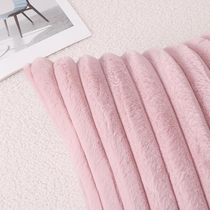 Pallene Faux Fur Plush Throw Pillow Covers 24x24 Set of 2, Luxury Soft Fluffy Striped Decorative Pillow Covers for Sofa, Couch, Living Room, Blush Pink