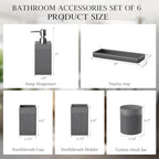 6-Piece Bathroom Set Grey - Stone Textured Resin Bathroom Organizer with Soap Dispenser, Toothbrush Holder, Vanity Tray, Tumbler & Cotton Swab Jars for Small Spaces