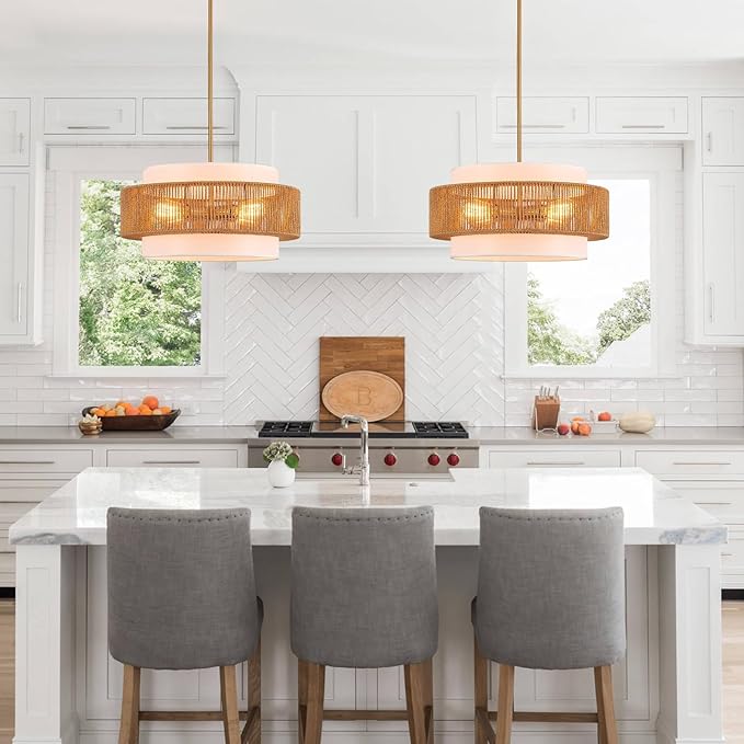 19.7" Rattan Chandelier with Linen Modern Boho Hand Woven Bamboo Chandelier Light Fixture Retro Farmhouse Drum Wicker Rattan Golden Chandeliers for Dining Room, Kitchen, Living Room,Foyer