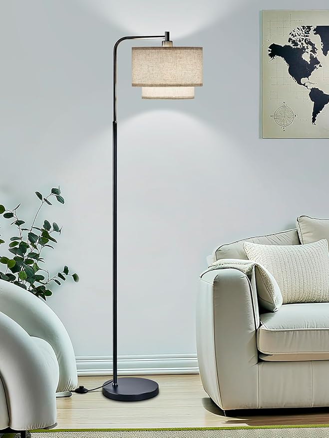 64" Modern Floor Lamp for Living Room Bedroom, Arc Floor Lamp with 3 Color Temperatures, Standing Lamp with Double Oatmeal Linen Lampshade, Tall Lamp with A19 12W LED Bulb, Foot Switch Control, Black