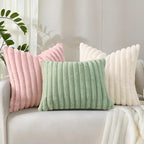 decorUhome Faux Fur Christmas Throw Pillow Covers 18x18 Set of 2, Decorative Soft Plush Striped Neutral Couch Euro Pillow Covers with Velvet Back for Sofa, Bed, Living Room Home Decor, Sage Green
