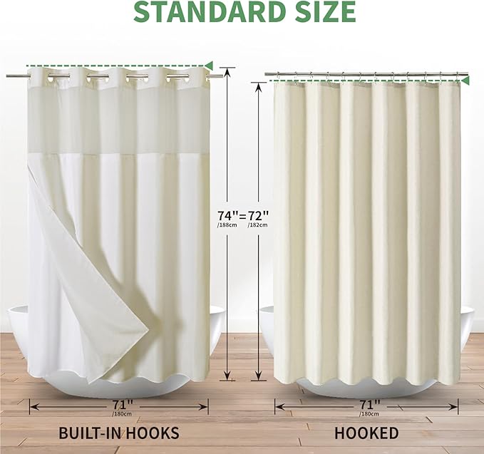Cream No Hook Shower Curtain with Snap-in Fabric Liner Set,Slub Textured Fabric Shower Curtains for Bathroom,Hotel Style Modern Shower Curtain,Water Repellent & Washable,71x74(72)