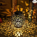 EXCMARK 2 Pack Outdoor Solar Hanging Lantern Lights Metal LED Decorative Lamp for Garden Patio Courtyard Lawn and Table with Hollowed-Out Design (Black)