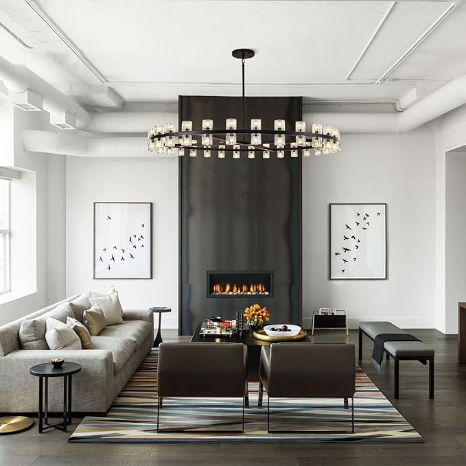 Modern 60 inch Black Round Chandelier, Extra Large Chandeliers Crystal Chandeliers for Living Room, Large Wagon Wheel Chandelier for Foyer, Staircase, Entrance,Includes Bulb