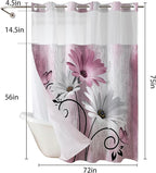 Muuyi Pink Watercolor Floral Shower Curtain,No Hook Shower Curtain,Polyester Shower Curtains with Snap in Fabric,Sheer Top Window for Bathroom Decor,Waterproof & Washable,72W x 75L Inch
