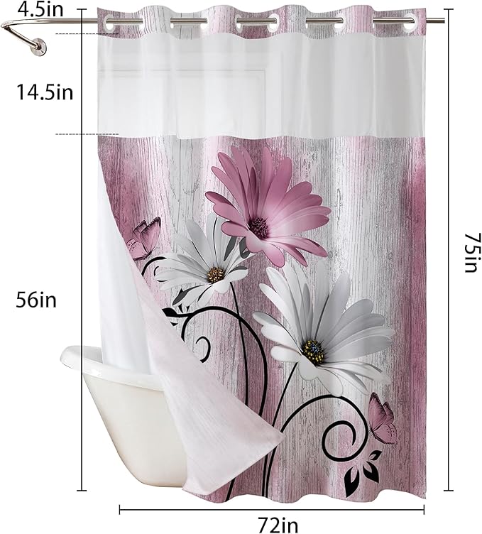 Muuyi Pink Watercolor Floral Shower Curtain,No Hook Shower Curtain,Polyester Shower Curtains with Snap in Fabric,Sheer Top Window for Bathroom Decor,Waterproof & Washable,72W x 75L Inch
