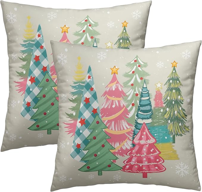 Xmas Trees Throw Pillow Covers 18x18 Inch – Pack of 2 Colorful Pink Green Winter Holiday Cotton Hidden Zipper Pillowcases for Couch Sofa Bed Porch Farmhouse Home Decor