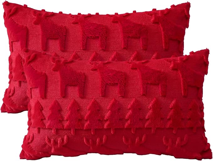 OTOSTAR Set of 2 Xmas Soft Plush Short Wool Velvet Decorative Throw Pillow Covers Rectangular Luxury Style Cushion Case Pillow Shell for Sofa Bedroom Christmas Tree and Elk Red, 12x20 Inch
