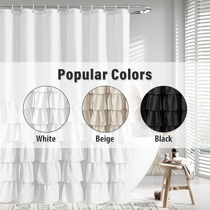 White Ruffle Shower Curtain Farmhouse Shower Curtain Set with 12 Hooks 72 X 78 inch Fabric Shower Curtains with Buttons & White Ruffles for Bathroom Bathtubs Decor Accessory