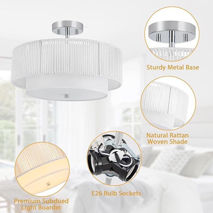 SineRise 16'' Rattan Flush Mount Ceiling Light Fixture,2-Tier Drum Hand-Woven Boho Flush Mount Ceiling Light,Farmhouse Light Fixture for Living Room,Kitchen,Bedroom Foyer Entryway ect.（White）