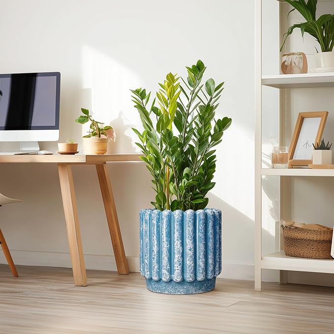Ceramic Pots for Plants - 12 Inch Planter with Drainage Hole, Round Large Flower Pots for Indoor Plants Outdoor, Fluted Decorative Ceramic Planter, Home Office Decor, Garden Gifts, Blue