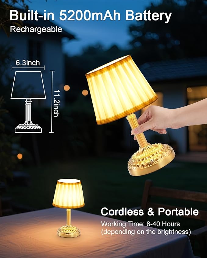 2 Pack Rechargeable Cordless Table Lamps for Restaurant Dining Table, 5200mAh Small Battery Operated Lamp, Portable Dimmable Touch Bedside Night Light for Bedroom Kitchen Bathroom Patio