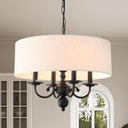Modern Drum Chandelier Light Fixture 4-Light Black Drum Chandelier with Linen Shade 17.75" Chandelier for Dining Room, Living Room, Bedroom,Kitchen Island, E12