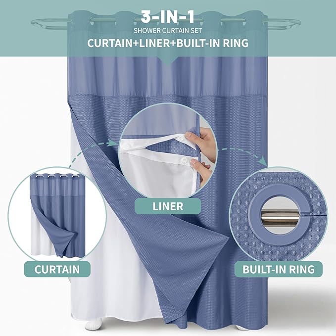 MoonLightBlue Long No Hook Waffle Weave Shower Curtain with snap-in Liner Replacement, 230GSM Waterproof Fabric Hotel Shower Curtain Set for Bathroom, Through Mesh Top Window,71Wx80H
