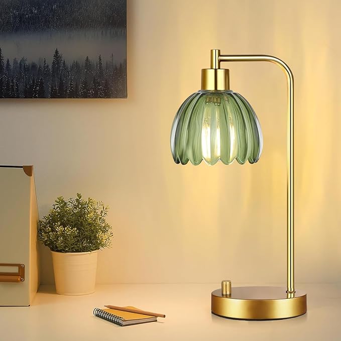 Green Table Lamp Set of 2,Small Glass Bedside Lamps Dimmable Boho Bedroom Lamp with Tulip Flower Lamp Shade,Gold Vintage Mid Century Modern Mini Nightstand Lamp for Bedroom Living Room