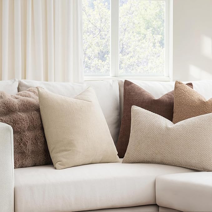 MIULEE Pack of 2 Decorative Throw Pillow Covers Soft Chenille Throw Pillows Solid Textured Cushion Covers Christmas Home Decor for Couch Sofa Bedroom Living Room 18x18 Inch, Light Beige