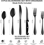 61Pcs Silverware Set with Organizer, Silver Stainless Steel Flatware Set for 10 Cutlery Utensil Sets with Steak Knives, Spoons and Forks Set, Dishwasher Safe