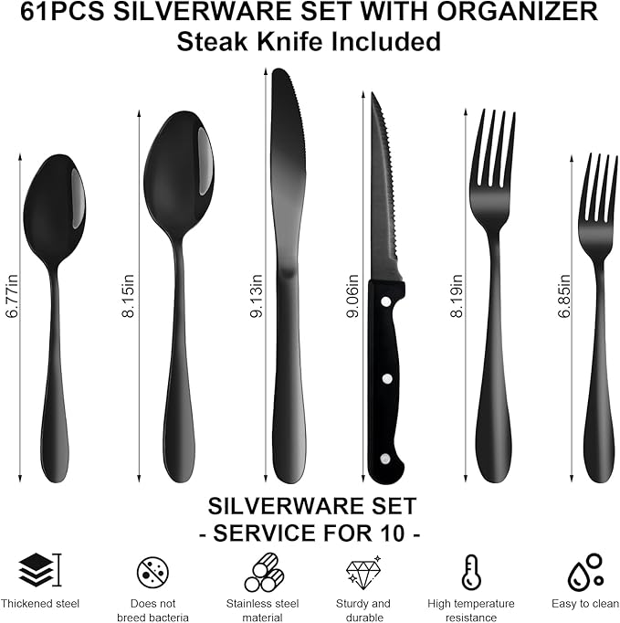 61Pcs Silverware Set with Organizer, Silver Stainless Steel Flatware Set for 10 Cutlery Utensil Sets with Steak Knives, Spoons and Forks Set, Dishwasher Safe
