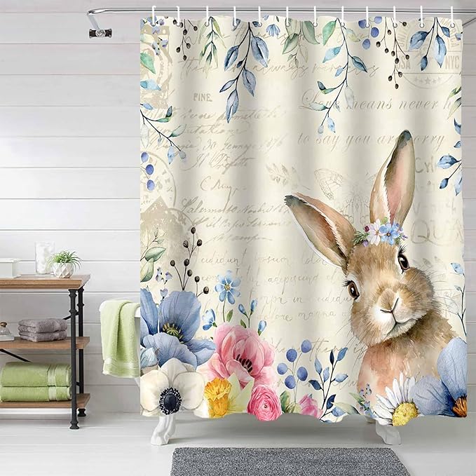Vandarllin Spring Easter Shower Curtain, Floral Bunny Shower Curtains Set with Hooks, Flower Leaves Rabbit Waterproof Fabric Bathroom Curtains Decor Home Accessories,Stall 36 X 72 Inch