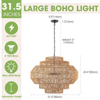 Large Rattan Chandelier Boho Pendant Light Fixture Dinning Room Chandelier Boho Hanging Light 31.5IN Basket Light Woven Rattan Pendant Light for Kitchen Island Hallway Bedroom Farmhouse Living Room