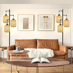 Floor Lamp for Living Room,Bedroom,Boho Rattan Tree 3 Lights Farmhouse Floor Lights,Industrial Black Standing Lamp Wicker Rustic Tall Lamp,Woven Bamboo LampShade Floor Lamps Bohemian