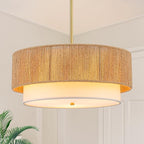 18'' Farmhouse Rattan Chandeliers for Dining Room,3-Light Boho Light Fixtures Rattan Pendant Light Fixture with Fabric Shade Drum Chandeliers for Bedroom Dining Room Foyer Kitchen Hallway