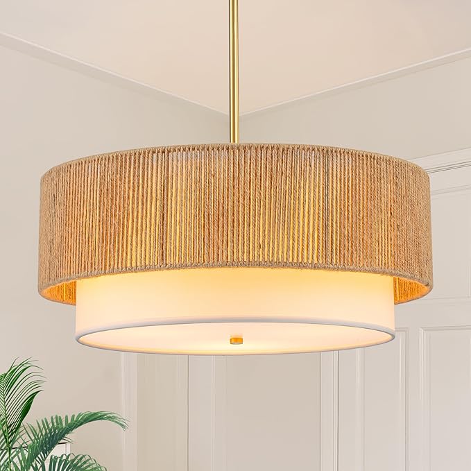 18'' Farmhouse Rattan Chandeliers for Dining Room,3-Light Boho Light Fixtures Rattan Pendant Light Fixture with Fabric Shade Drum Chandeliers for Bedroom Dining Room Foyer Kitchen Hallway