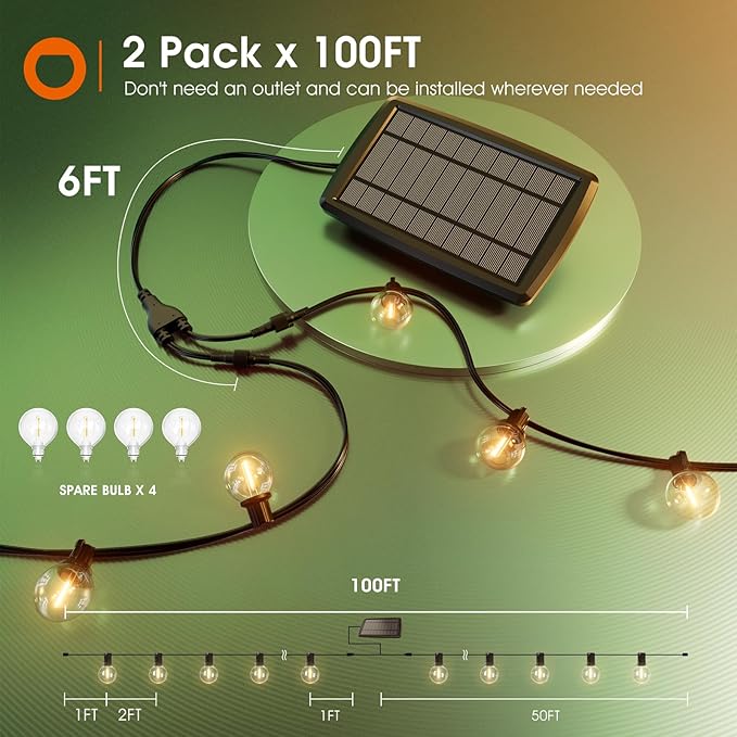 addlon 200FT(2 Pack*100FT) Solar String Lights Outdoor Waterproof with Remote, Dimmable Commercial Grade Solar Powered String Lights with 108 LED Bulbs, Hanging Light for Backyard Party Decor