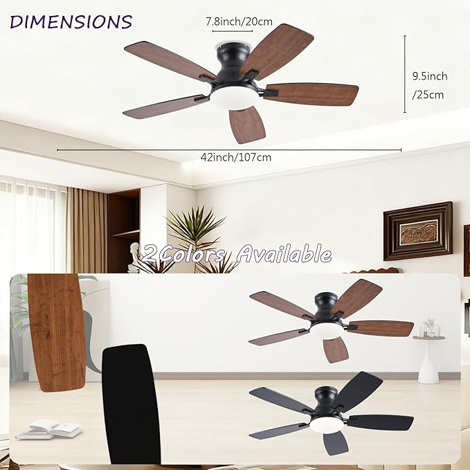 42inch Ceiling Fans with Lights, Low Profile Ceiling Fan with Light and Remote/APP Control, DC Reversible Motor, Noiseless, Flush Mount, Brown Ceiling Fan for Bedroom Indoor/Outdoor Use