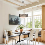 19" Black Rattan Chandeliers Vintage Farmhouse Hand-Woven Wicker Light Fixtures with Bamboo Chandelier Light Fixture Fabric Shade Boho Rattan Hanging Light for Dining Room,Bedroom,Entryway