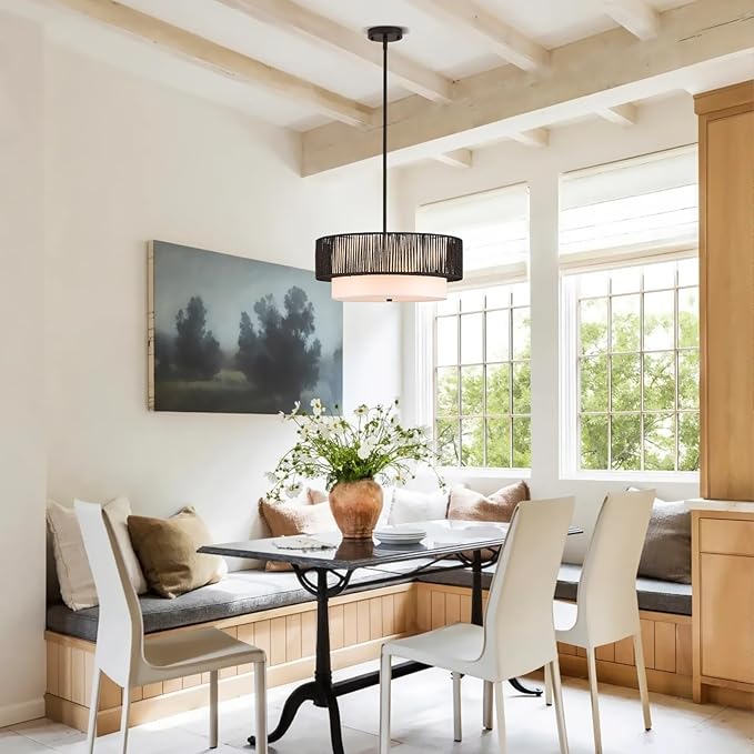 19" Black Rattan Chandeliers Vintage Farmhouse Hand-Woven Wicker Light Fixtures with Bamboo Chandelier Light Fixture Fabric Shade Boho Rattan Hanging Light for Dining Room,Bedroom,Entryway