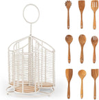 360° Rotating Kitchen Utensil Holder- 3 Compartment Organizer with Cork Bottom | Includes Premium 9-Piece Acacia Wood Utensil Set | Professional Luxury Design | Metal Utensil Crock (Matte white)