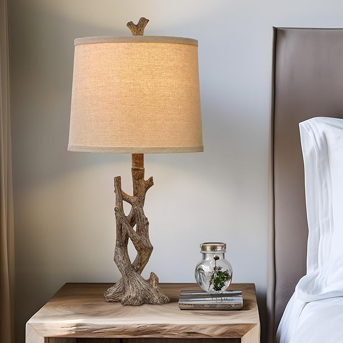OYEARS 23" Rustic Farmhouse Table Lamp Country Cottage Lamps for Nightstand Tree Trunk Wood Grain Lamp for Bedroom Living Room with Oatmeal Fabric Round Shade Resin Bedside Lamp