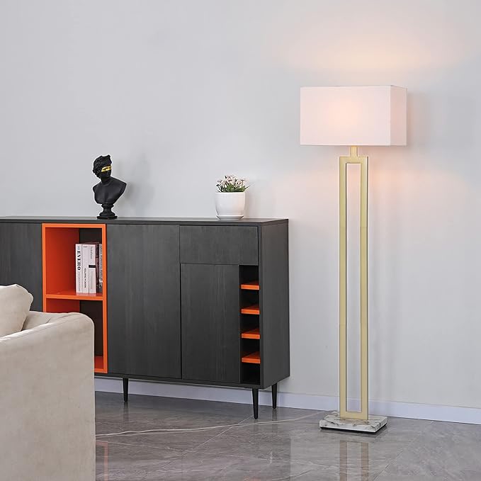 GLOBE Electric 12273 D'Alessio 58" Floor Lamp, Gold, White Linen Shade, Faux Marble Base, On/Off Socket Rotary Switch, Title 20 LED Bulb Included