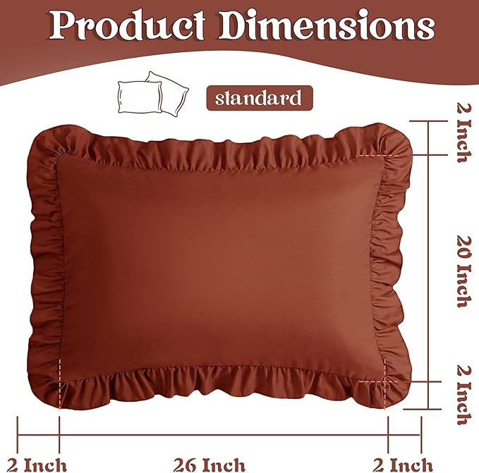 KKJIAF Ruffle Pillow Cases Standard Size Set of 2, Ruffled Pillow Covers with Envelope Closure, Wrinkle Resistant Ruffled Pillow Shams 20" x 26", Dusty Orange
