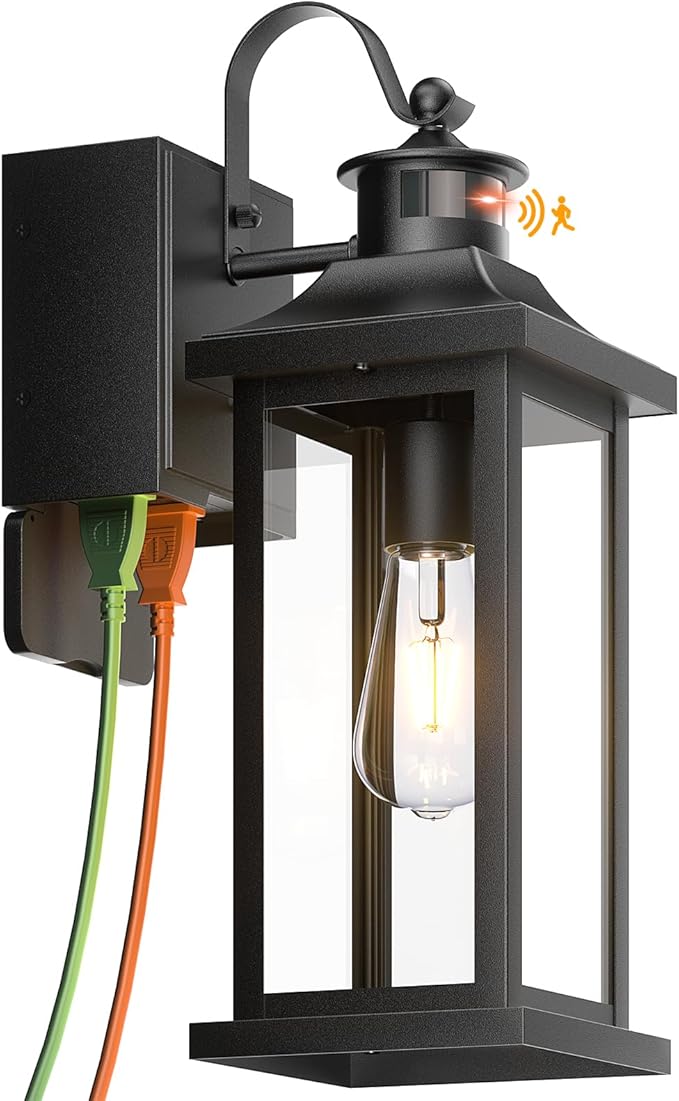 Roravilia Motion Sensor Outdoor Light for House with GFCI Outlet, 18” Large Dusk to Dawn Exterior Light Fixture IP65 Waterproof Exterior Lantern Porch Light Patio Garage Wall Sconce, 2 Receptacles