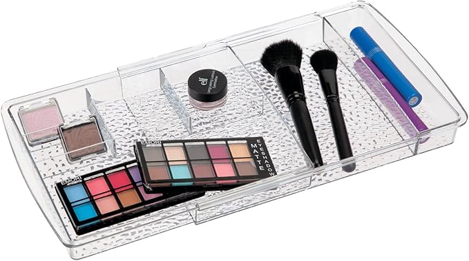 mDesign Expandable Makeup Organizer for Bathroom Drawers, Vanities, Countertops: Organize Makeup Brushes, Eyeshadow Palettes, Lipstick, Lip Gloss, Blush, Concealer - Adjustable Width - Clear