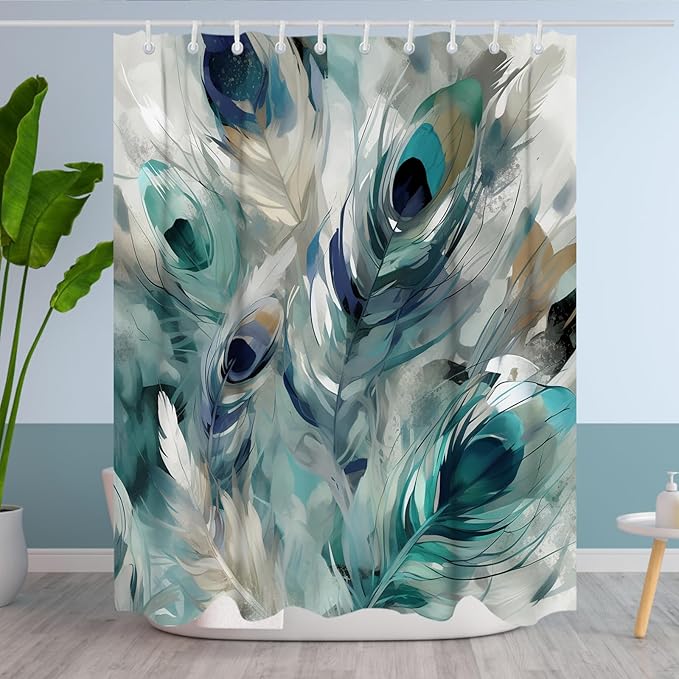 Vintage Peacock Feathers Theme Bathroom Bathtubs Fabric Shower Curtain Modern Watercolor Peafowl Feather Shower Curtain Set with 6 Hooks 60x72 inch Polyester Machine Washable, Blue Grey and White