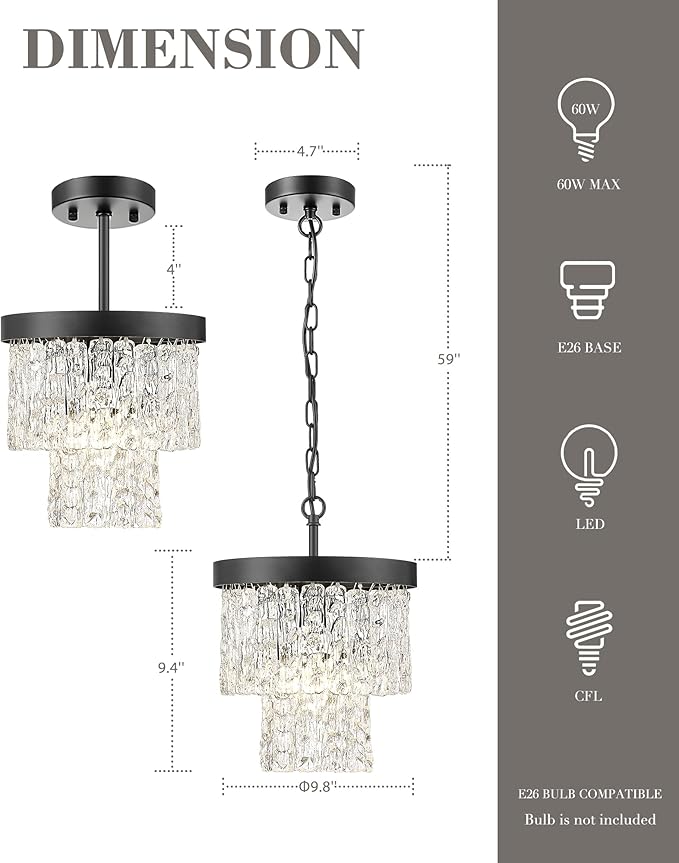 10" Water Ripple Pendant Lights, 2-Tier Modern Pendant Lights Kitchen Island, Black Hanging lamp, Chandeliers for Dining Room Kitchen Island Bedroom Entryway, CC4848-1P-BK