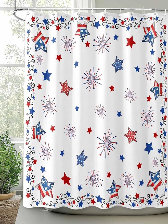 4th of July Shower Curtain, Patriotic Stars Fireworks Shower Curtains Set with Hooks, Red White and Blue Independence Day Waterproof Fabric Bathroom Curtains Decor Home Accessories,72 X 72 Inch Long