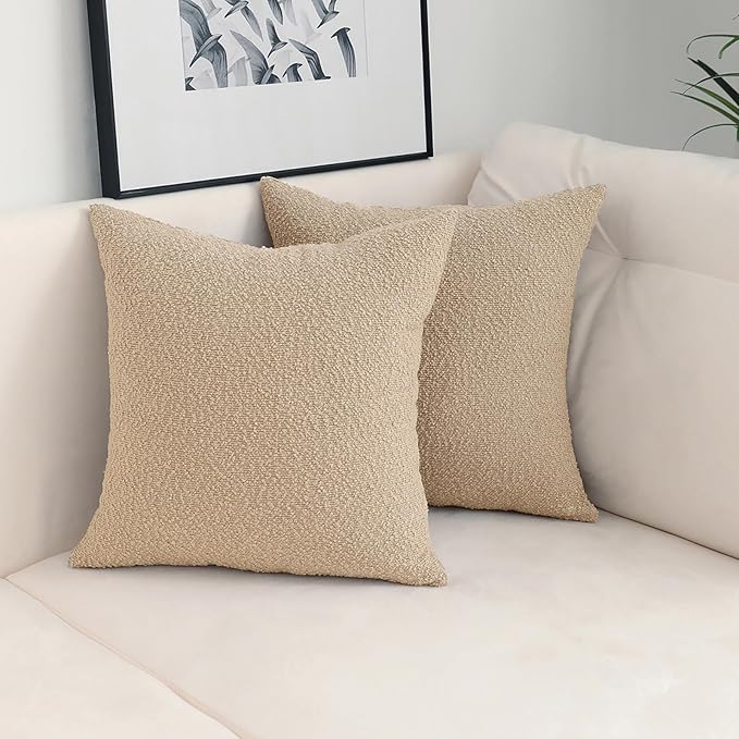 Jeneoo Khaki Decorative Square Thick Throw Pillow Covers Fine Textured Boucle Couch Cushion Cases for Sofa Decor, Set of 2, 18 x 18 Inch