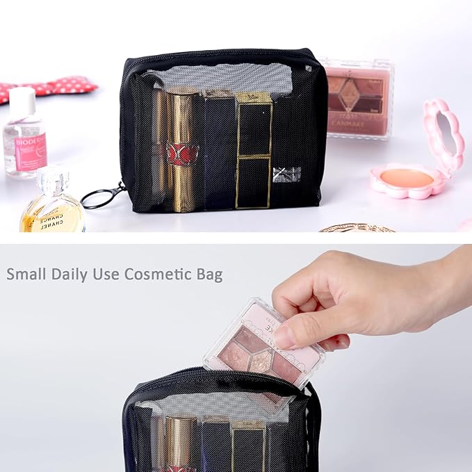 patu Portable Mini Zipper Mesh Bags, Size S, 5" x 4" x 2", 3 Pieces, Beauty Makeup Lipstick Cosmetic Accessories Organizer, Small Travel Kit Storage Pouch, Black