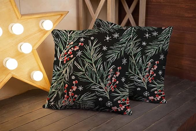 CAPSCEOLL 2PCS Black Branch Covers for Throw Pillows 20X20Inch Winter Woodland Christmas Art Berries Black Green Floral Forest Snowflakes Xmas Soft Throw Pillow Covers for Bedroom Sofa Living Room