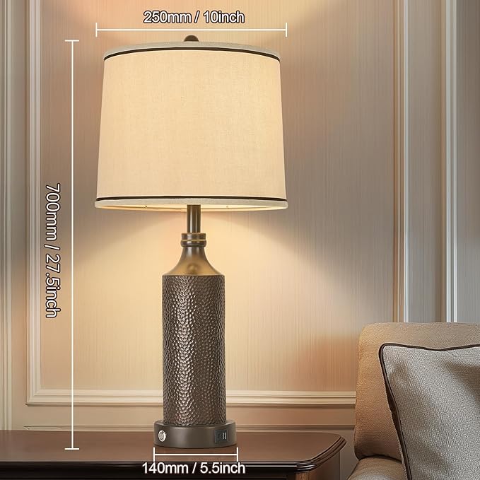 AIDENOEY 27.5" H 3-Way Dimmable Touch Control Table Lamp Set of 2，Vintage Bedside Lamp Nightstand Lamps with USB A+C Ports, Black Brown Finish Resin Table Lamp, for Living Room,Bedroom，Office