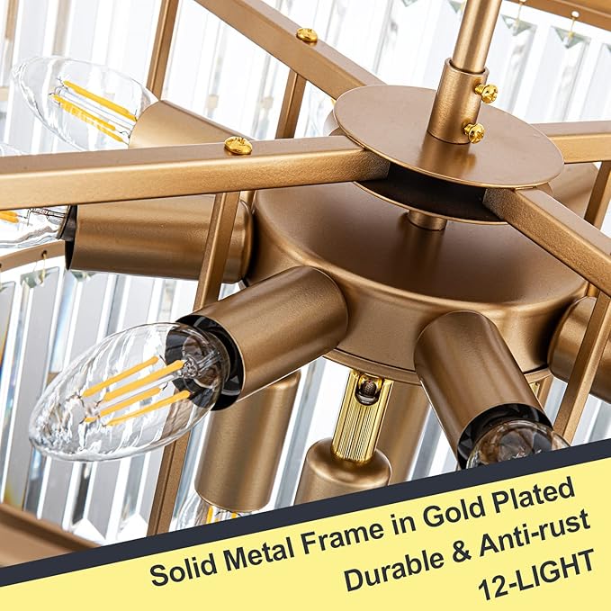 12-Light 23.64" Gold Modern Crystal Chandelier Crystal Pendant Chandeliers Light Fixture 3-Tier Hanging Lighting for Living Dinning Room Bedroom Foyer