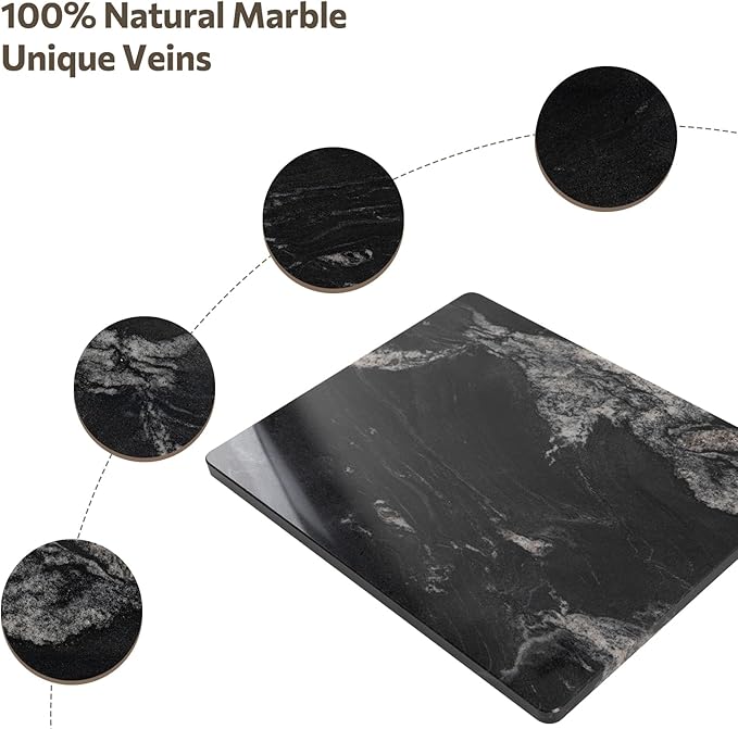 Natural Black Marble Cutting Board For Kitchen, 16 x 20 Inch Marble Slab Granite Cutting Board With Non-Slip Feet For Baking, Cheese, Chocolate, Black White Veins