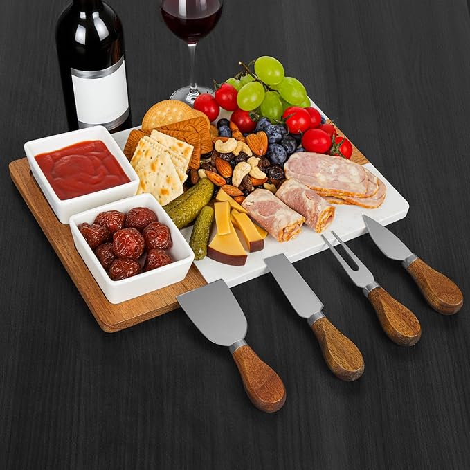 Marble Charcuterie Board, Charcuterie Boards, Cheese Boards, 13" Wood - Marble Cheese Board Set for House Warming Gifts New Home, Couples 2025, Bridal Shower, Hostess Gifts for Couple
